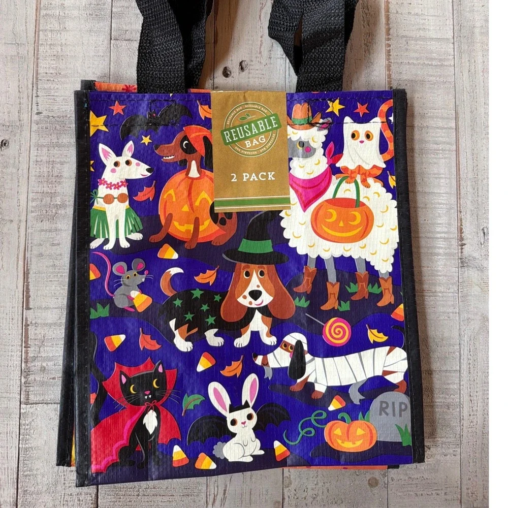 Halloween Dia de los Muertos Reusable Gift Bag 2 Pack Chihuahua Sugar Skull Dog
